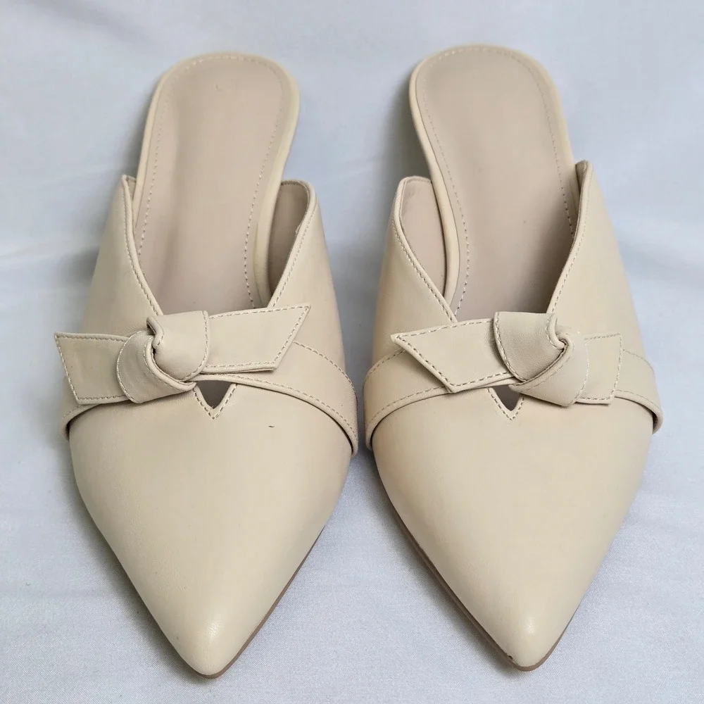 Bow Knot Pointed Toe Kitten Heel Mules Cream Unbranded Neutral Women's Size 7.5 - Picture 2 of 15